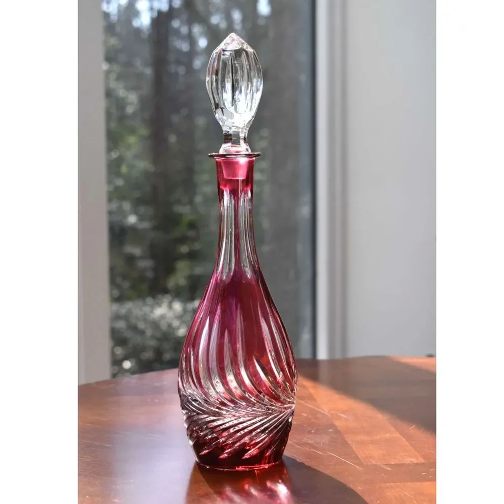 Vintage Lausitzer German Burgundy Cranberry Crystal Decanter with Topper